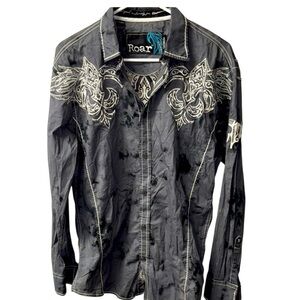 Roar Charcoal Burnout biker Embroidered Long Sleeve Shirt